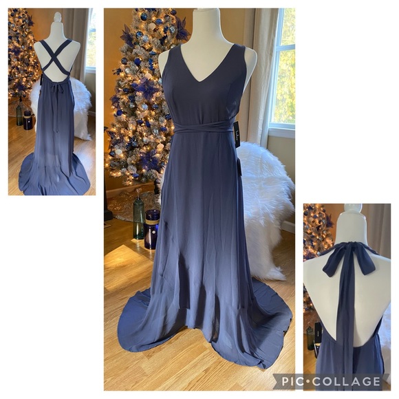 NWT Lulu’s Slate Blue Long Sheer Dress/Gown - Picture 4 of 10